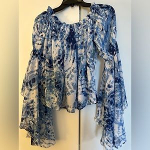 White and blue tones chiffon top with bell sleeves